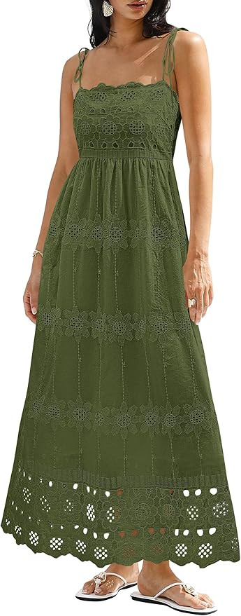 dowerme Womens Summer Maxi Dresses 2026 Casual Spaghetti Strap Smocked Eyelet Cotton Dress Long B... | Amazon (US)