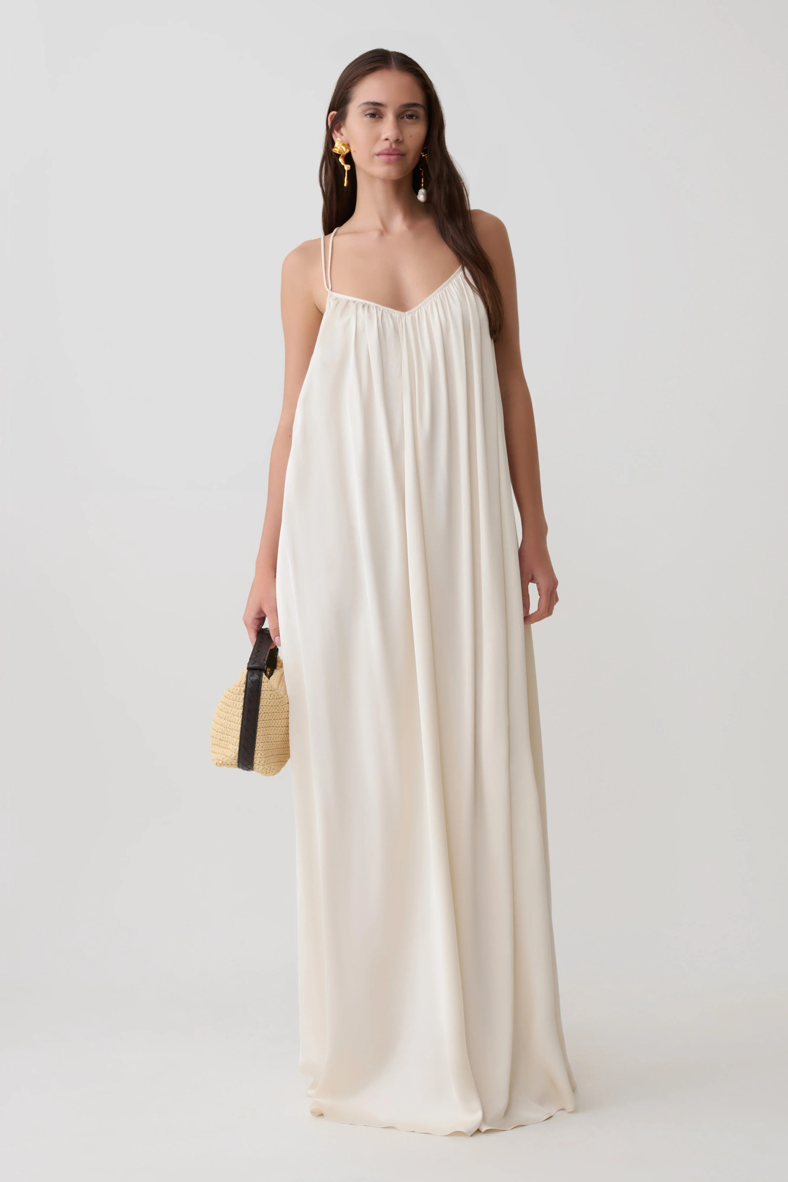 Adriana Satin Gathered Maxi Dress - Buttercream | MESHKI US
