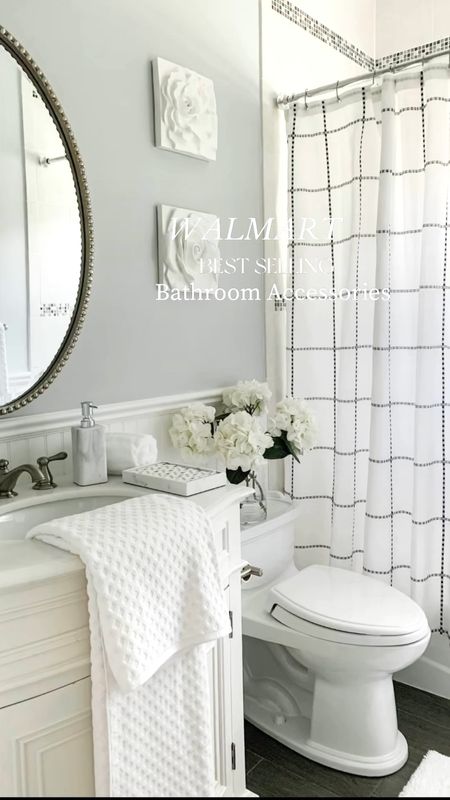 Bathroom refresh! White bathroom vanity, oval beaded mirror on sale, New  bathroom accessories,  simple black and white windowpane shower curtain, A marble soap dispenser, marble tray, best selling fluffy white cotton towels, a soft on your feet white rug, wall plaques. Walmart, Target, Home Depot, Wayfair, Ballard Designs, Pottery Barn. Sales. 

Walmart home, home decor accessories, bathroom decor, coastal, cottage, modern farmhouse, classic, traditional, modern traditional home style.
#LTKunder50

#LTKsalealert #LTKhome #LTKfindsunder50