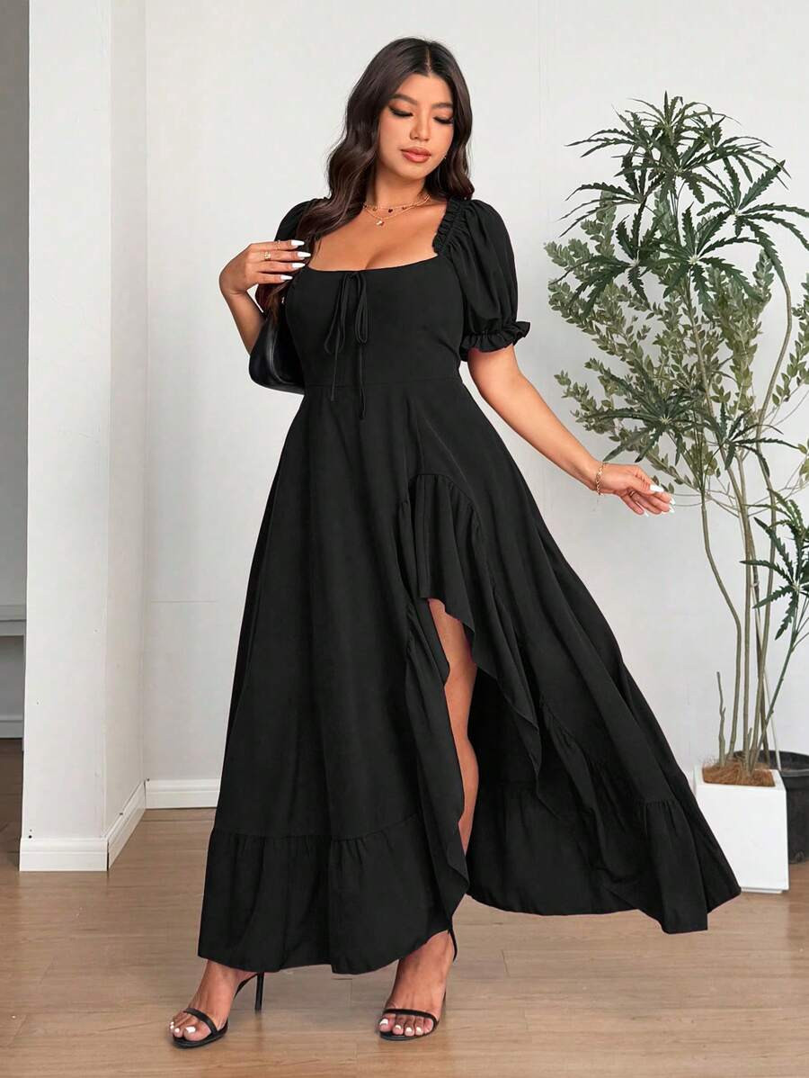 SHEIN Holidaya Plus Size Solid Color Square Neck Short Sleeve Dress, Casual And Fashionable For S... | SHEIN