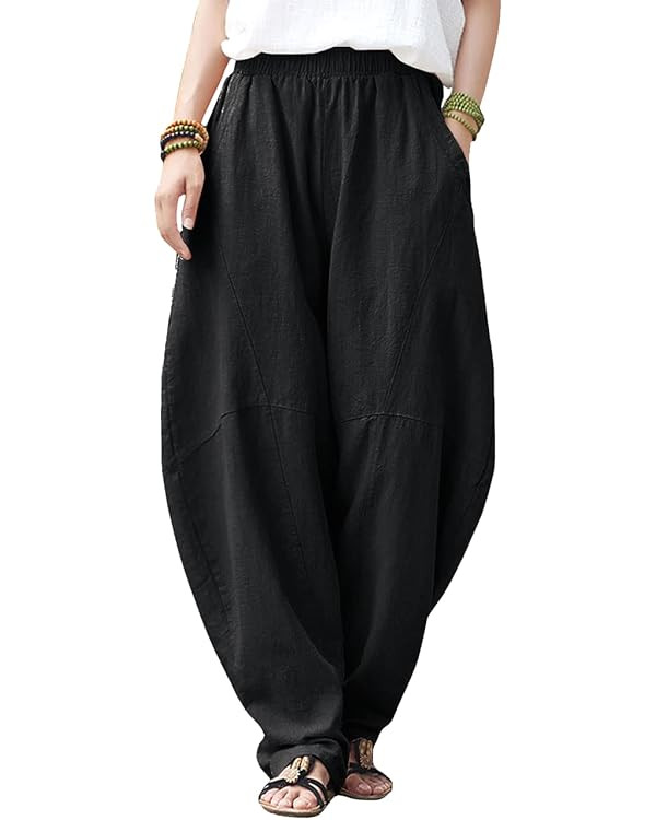 IXIMO Women's Cotton Linen Pants Casual Elastic Waist Lantern Slacks Loose Fit Baggy Patchwork Tr... | Amazon (US)