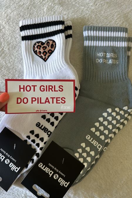 Pila barre Pilates grip socks! The most perfect and cute Pilates sock for your workout! Pila-Barre grip pilates socks are designed to be one-size fits most. 100% Premier cotton. White stitched stripes along the top of the pilates sock. White Heart Grips and Pila-Barre logo on the bottom. Ribbed detail on the top. @pila.barre 

#LTKFindsUnder50 #LTKFitness #LTKActive