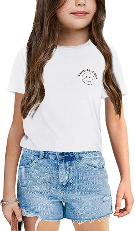 Girls Short Sleeve Shirts Crewneck Smile Face Graphic Basic Tees Casual Tops for 5-14 Years Kids | Amazon (US)