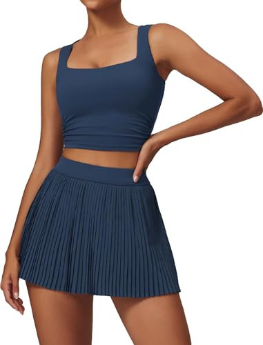 ABOCIW Tennis Skirt Sets Women 2 Piece Golf Outfits High Waisted Pleated Tennis Skirt Set Square Neck Workout Crop Tank Tops Athletic Dress for Women #2 Navy Blue Small | Amazon (US)