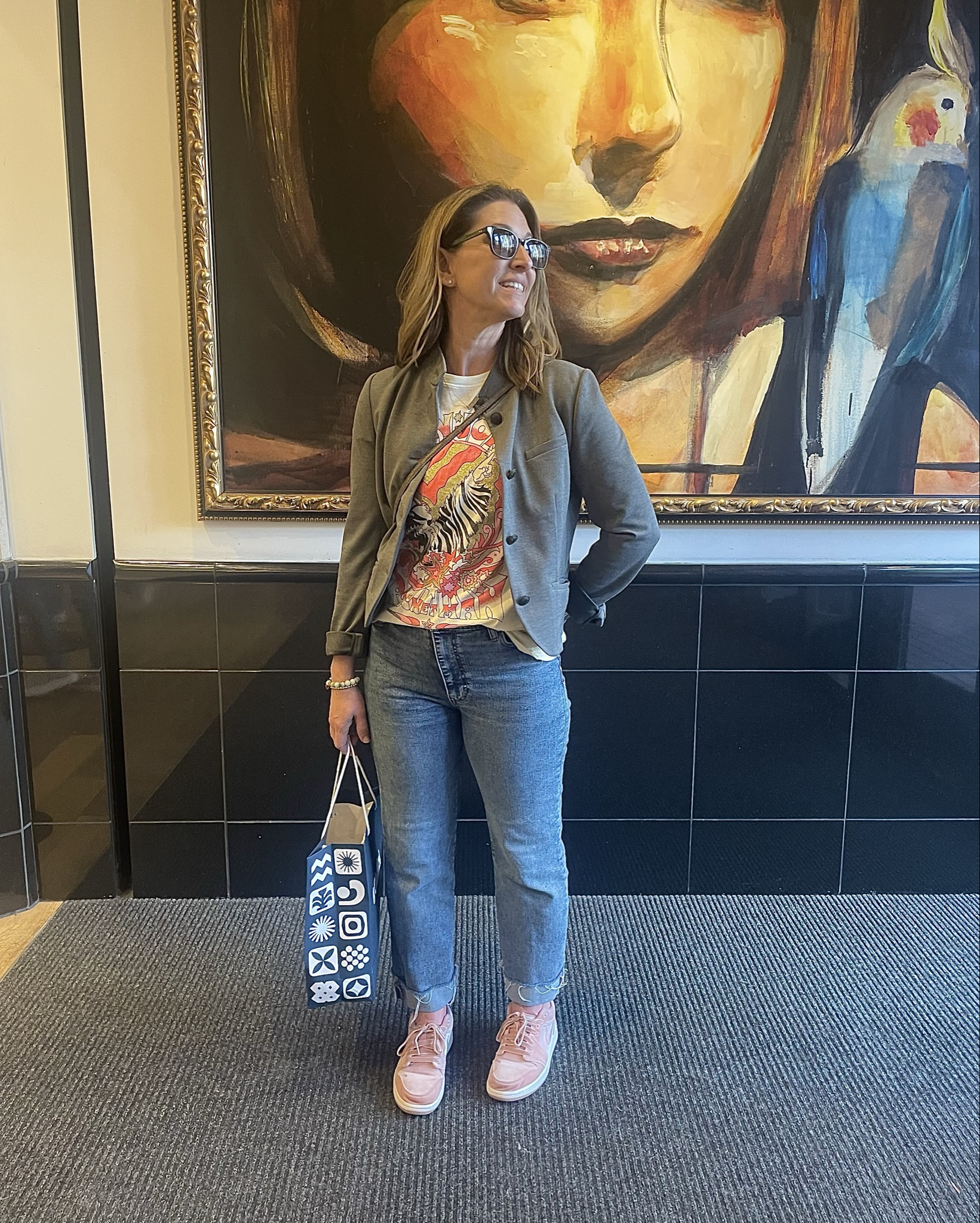 Another glittery fun graphic tee - paired with my mom uniform, jeans and my Ponte blazer. Linking all the cute tees and the Quince dupe of my jacket! The jeans are Frame, Le Sleek straight. I cuff mine when I wear sneakers. 

#LTKHoliday #LTKGiftGuide #LTKOver40