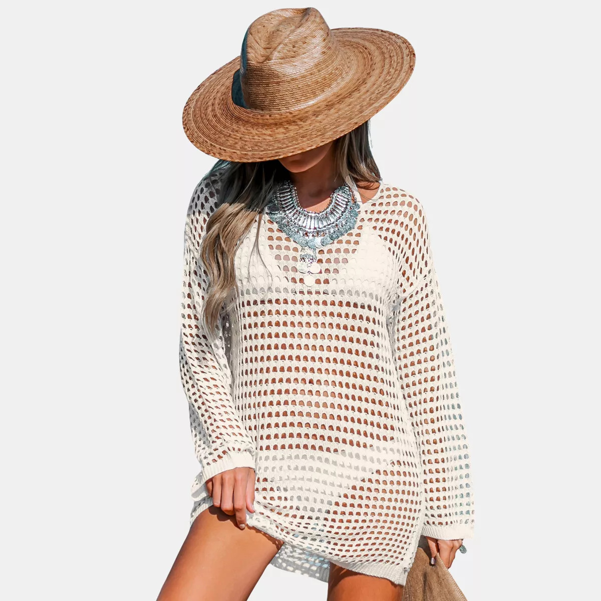 Women's Crochet Knit Swim Cover-Up -Cupshe-S-Beige | Target