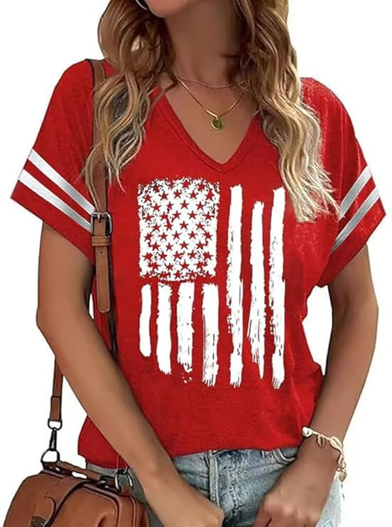 American Flag Shirts Women 4th of July V-Neck Short Sleeve Patriotic T-Shirt Memorial Day Graphic... | Amazon (US)