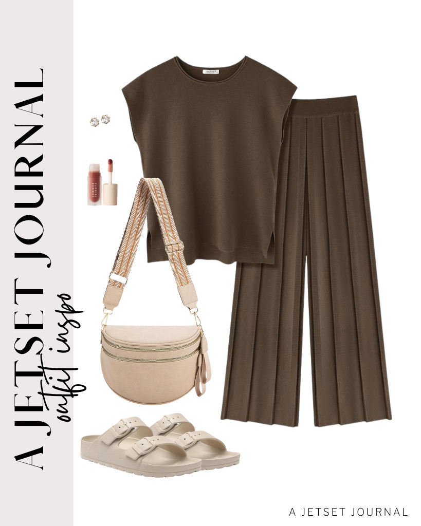 For the last outfit, you can wear a brown lounge set from Ekouaer and KIDMI EVA sandals. This leather bum bag complements this look, together with these stud earrings.

#LTKSeasonal #LTKSaleAlert #LTKTravel
 

 