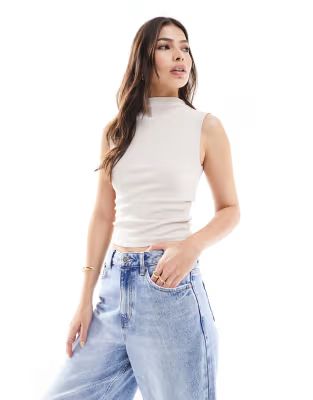 Stradivarius slash neck seamless tank top in stone | ASOS (Global)