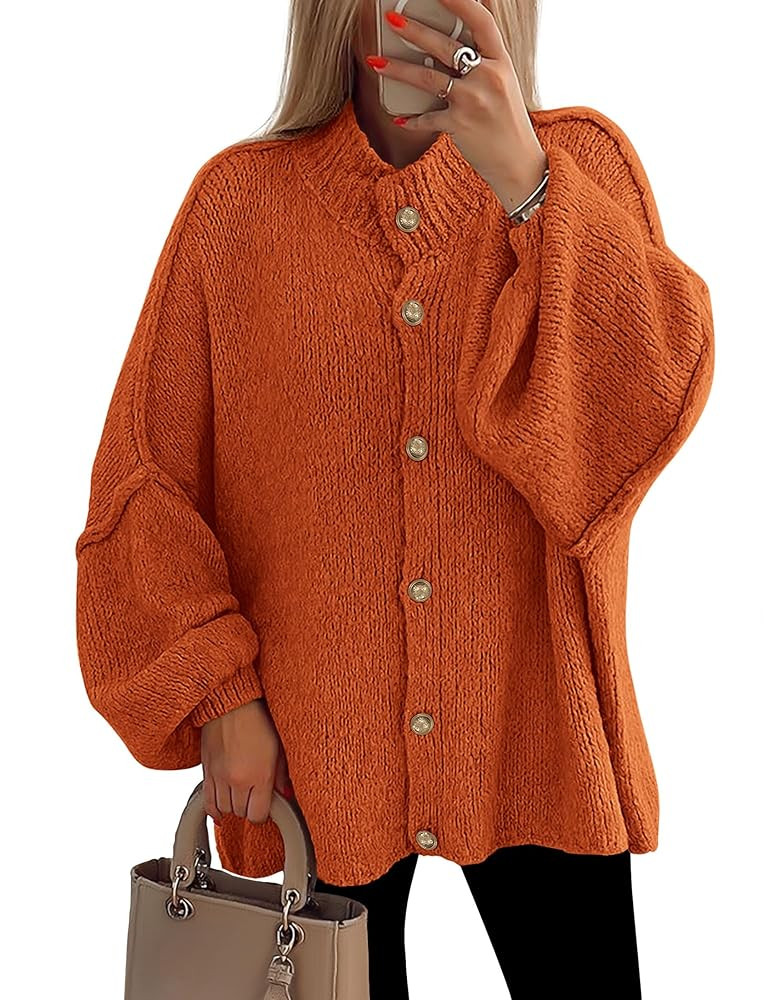 PRETTYGARDEN Women's Winter Button Down Cardigan Sweaters Mock Neck Lantern Long Sleeve Chunky Kn... | Amazon (US)