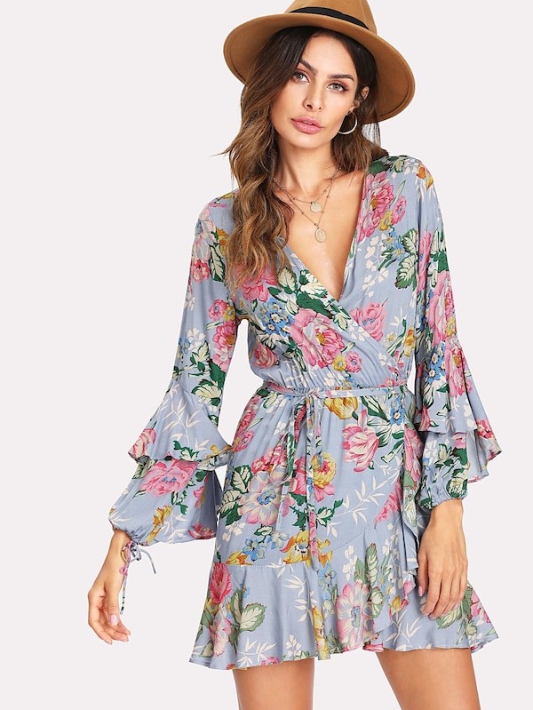 Flounce Sleeve Self Tie Floral Dress | SHEIN