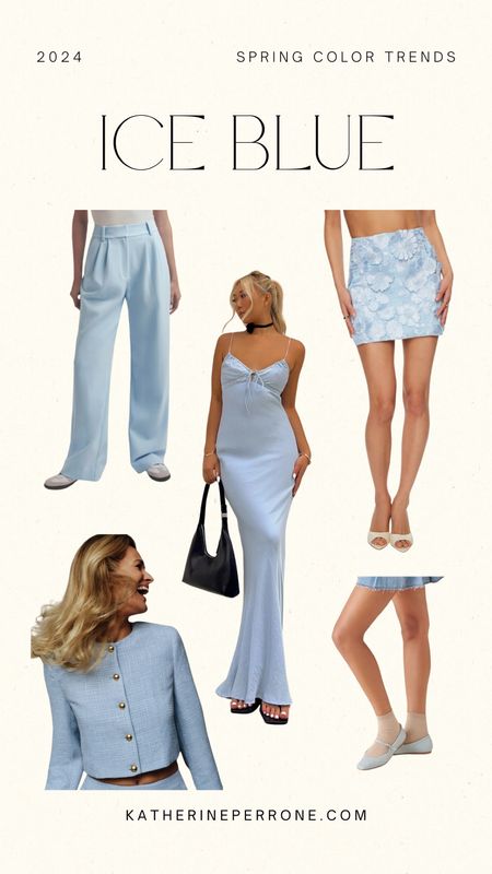 Spring 2024 Color Trends: Ice Blue
Insta & TikTok: katlpx 

[ light blue color trend, light blue dress pants, light blue satin maxi dress, light blue floral mini skirt, light blue boucle chanel inspired jacket, light blue ballet flats, spring style, summer fashion inspo ]

#LTKstyletip