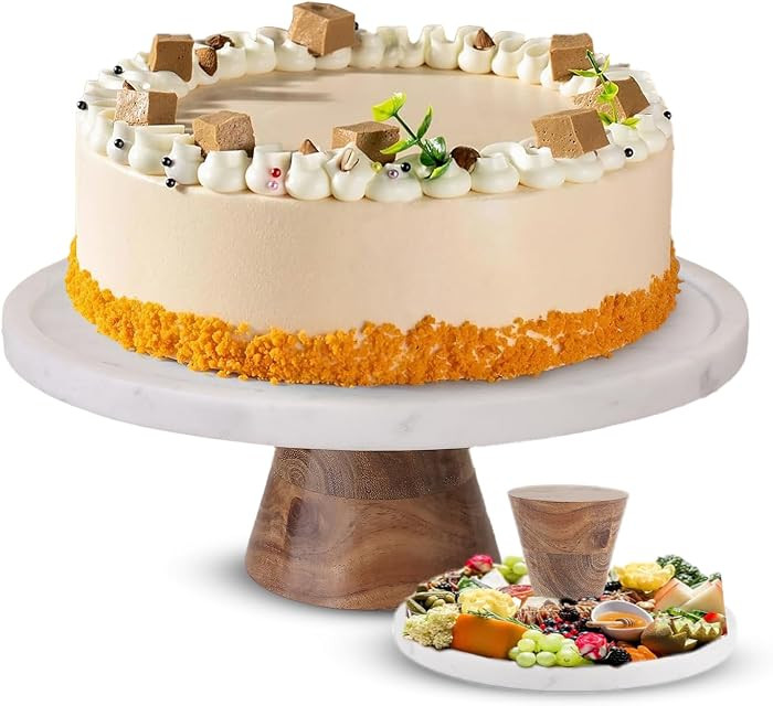 Marble & Acacia Wood Cake Stand - 11 Inch Round Cake Display for Weddings, Birthdays & Parties - ... | Amazon (US)