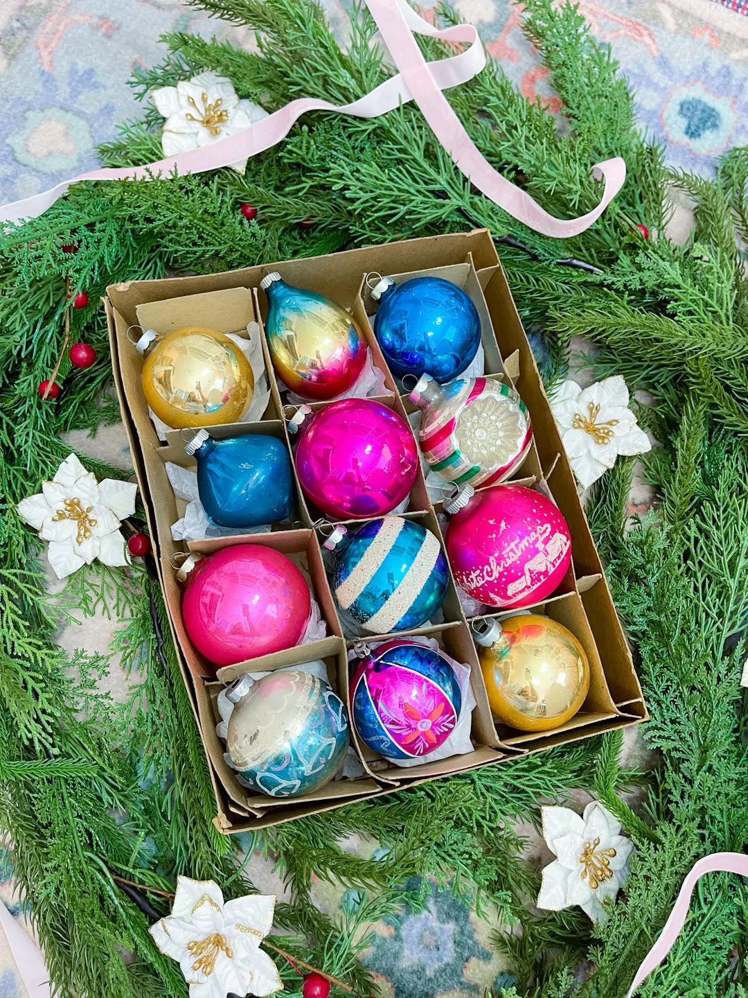 Set of 12 Curated Vintage Shiny Brite, Made in Poland, Pink, Blue, and Gold Colorful Christmas Or... | Etsy (US)