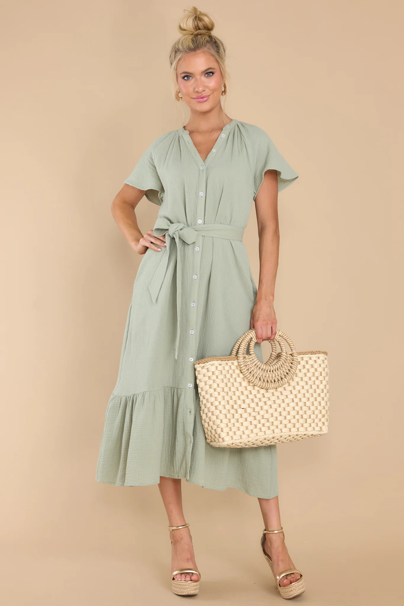 Buttoned Up Beauty Sage Gauze Midi Dress | Red Dress 