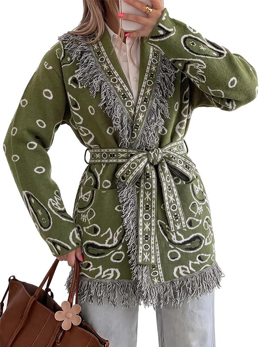Tankaneo Womens Fringe Cardigan Long Sleeve Paisley Sweaters with Belt | Amazon (US)