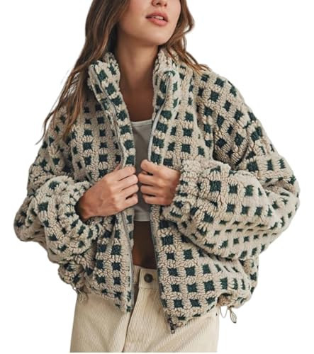Women’s Sherpa Jacket Cropped Long Sleeve Plaid crop Fleece Coats Warm Fluffy Casual teddy jacket women (US, Alpha, Medium, Regular, Regular, Apricot) | Amazon (US)