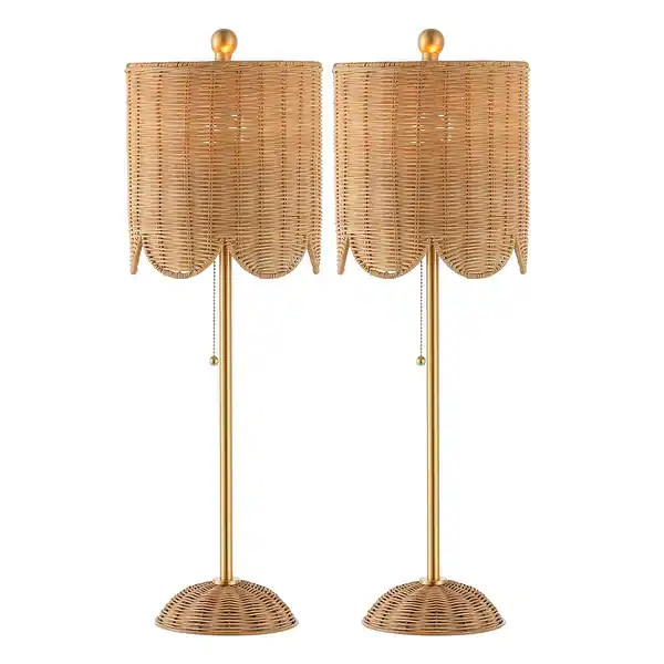 Aksel 27.5" Coastal Rattan/Iron Scalloped Buffet LED Table Lamp with Pull Chain, Natural/Brass Go... | Bed Bath & Beyond