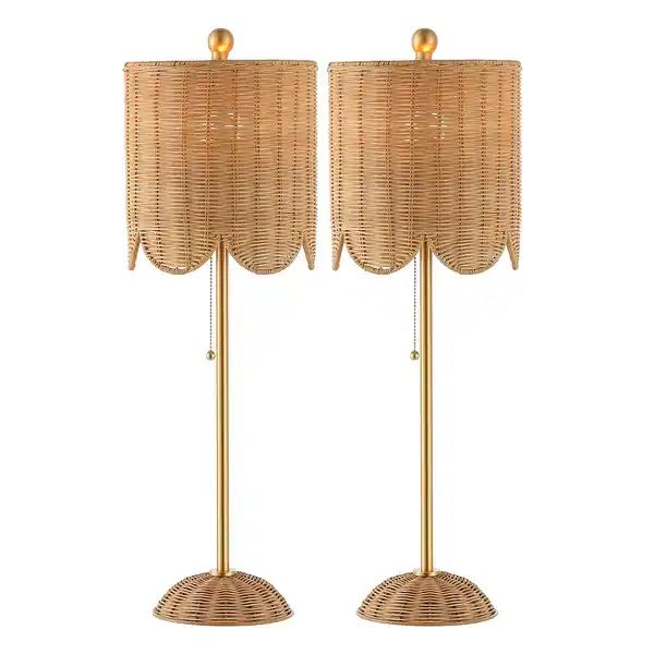 Aksel 27.5" Coastal Rattan/Iron Scalloped Buffet LED Table Lamp with Pull Chain, Natural/Brass Go... | Bed Bath & Beyond