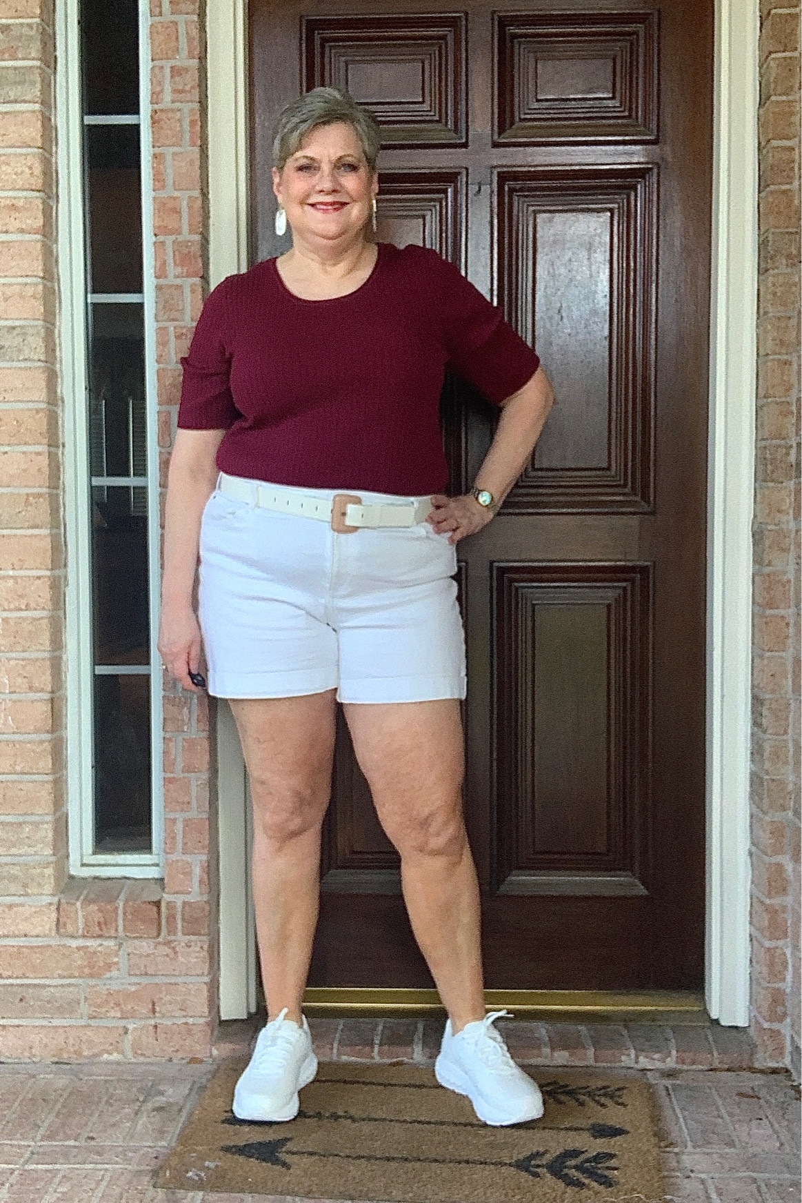 This is how we do Fall in Texas when it’s still in the 90’s! Fall colors & a pair of shorts.

Short sleeved ribbed tee comes in lots of colors. Great as a layering piece or as the star of the show. Runs TTS. I’m wearing XL.

Brooks walking shoes are so comfy. Runs TTS & in widths from 2A- EE. I’m
Wearing 8EE

#LTKSeasonal #LTKshoecrush #LTKcurves