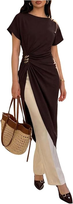 Milumia Women's Asymmetrical Short Sleeve T Shirt Elegant Metal Buckle Side Split Long Blouse Top... | Amazon (US)