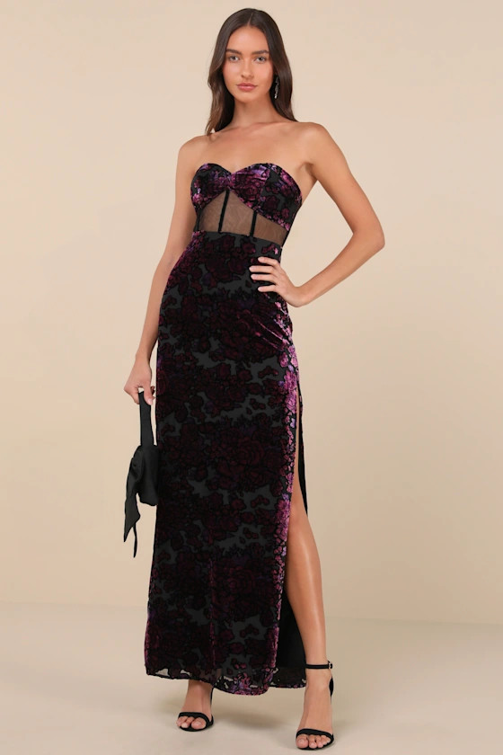 Breathtaking View Black Mesh Burnout Velvet Strapless Maxi Dress | Lulus