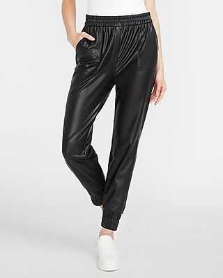 High Waisted Faux Leather Joggers Black Women's XL | Express
