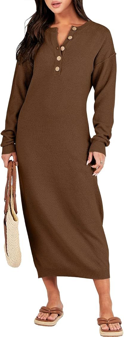 Women Sweater Dress Long Sleeve Button V Neck Oversized Casual Loose Fall Waffle Knit Long Dress | Amazon (CA)