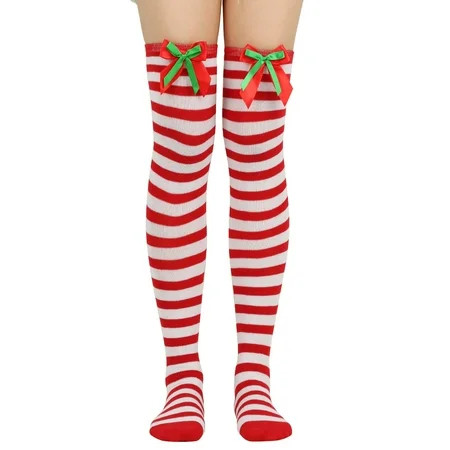 KDSJSXW Knee High Socks Christmas Bow Thigh High Long Stockings Over Knee Socks Christmas Cosplay Party Costumes Socks Knee High Long Striped Stocking Socks Plus Size Knee High Stockings (E One Size) | Walmart (US)