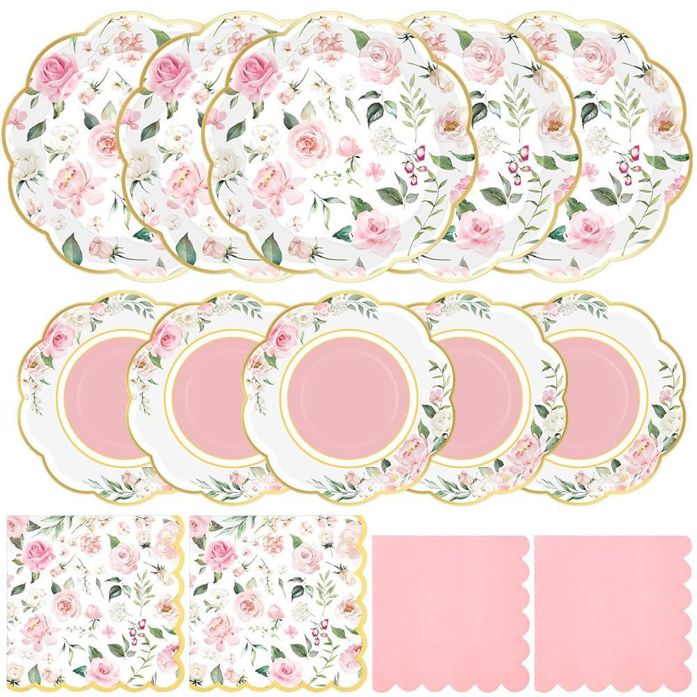 200 Pcs Wild Floral Party Supplies Pink Flower Disposable Paper Dinner Dessert Plates Luncheon Na... | Amazon (US)