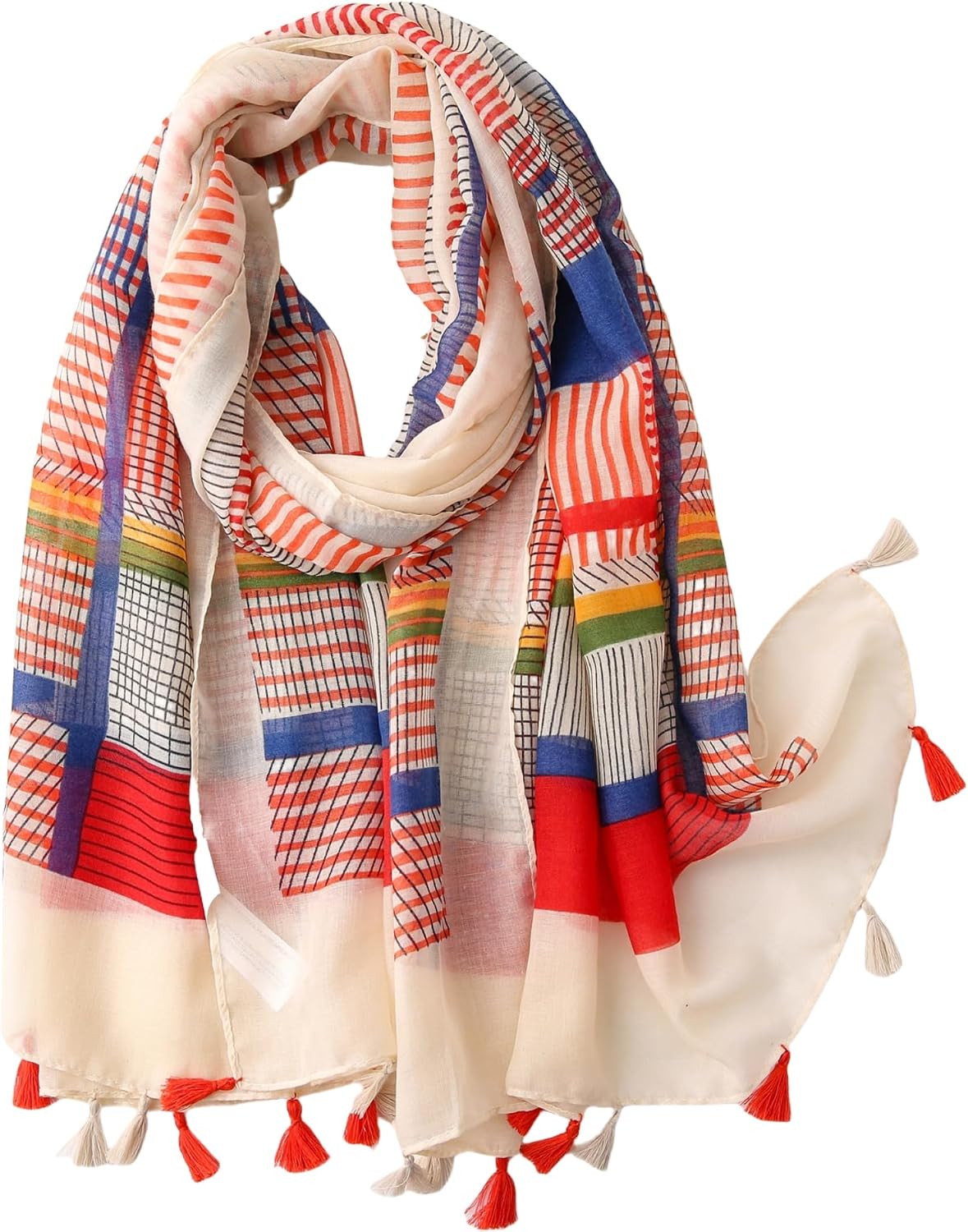 Travel Boho Scarf for Women Casual Lightweight Pashmina Scarves Fashion Multicolor Shawl Wraps with Fringed Beads | Amazon (US)
