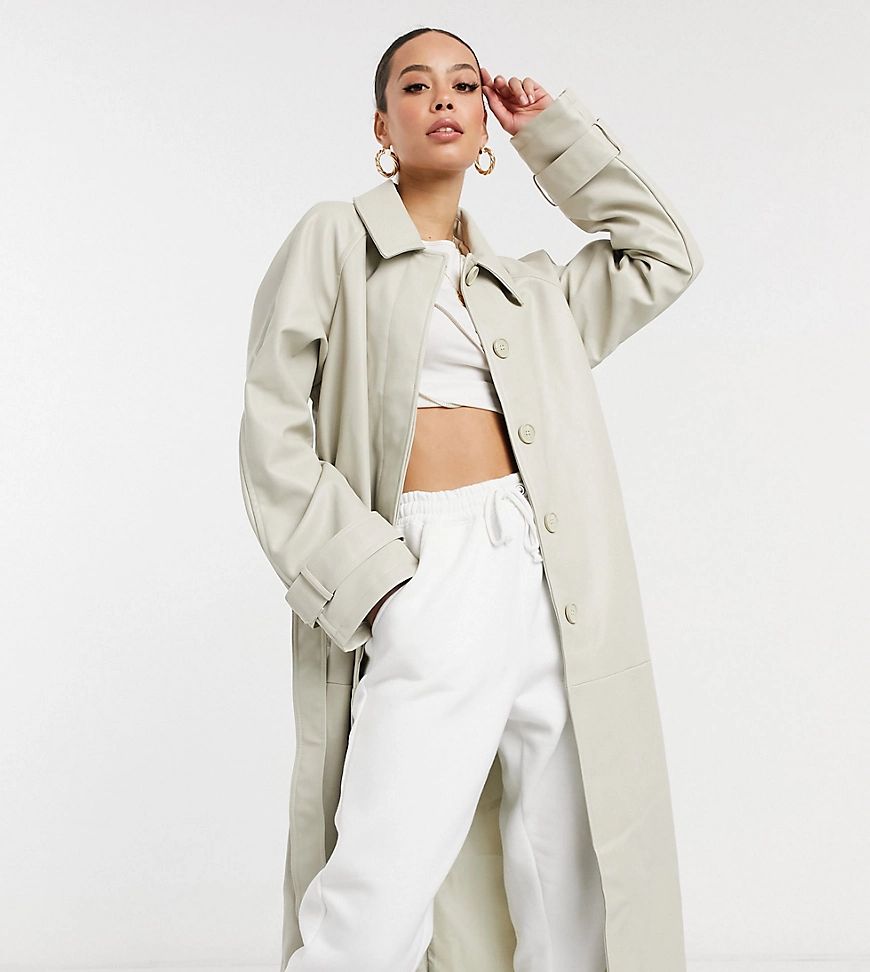 ASOS DESIGN Tall collared faux leather trench coat in putty-Cream | ASOS (Global)