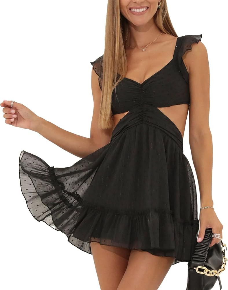 Juakoso Women Y2k Spaghetti Strap Mini Dress Low Cut Sleeveeless Short Dress Backless Going Out R... | Amazon (US)