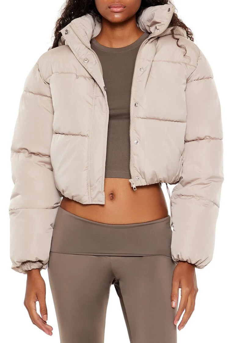 Women's Hooded Cropped Puffer Jacket in Taupe Medium | Forever 21