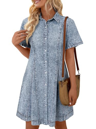 LILLUSORY Women‘s Denim Dress - Knee Length Button Down Casual Short Sleeves Jean Dress BayBlue S | Amazon (US)