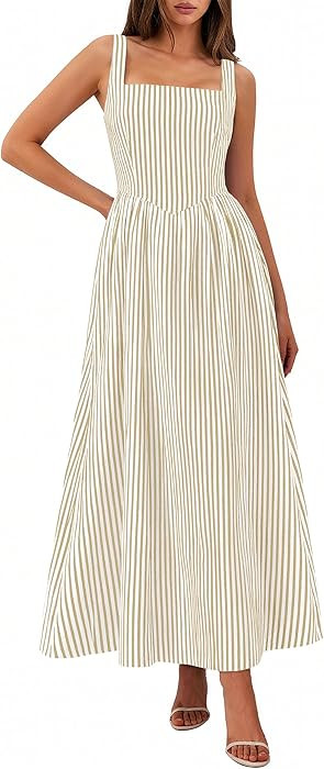 PRETTYGARDEN Women's Maxi Dress Summer Striped Sundress 2026 Spring Smocked A Line Long Flowy Bea... | Amazon (US)