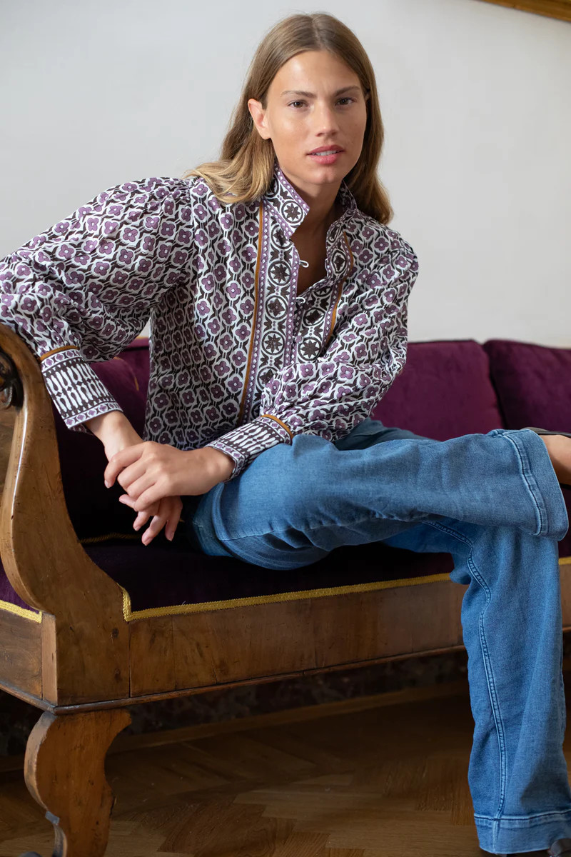 Boxy Balloon Sleeve Top | Plum/Espresso Fiore | SUE SARTOR