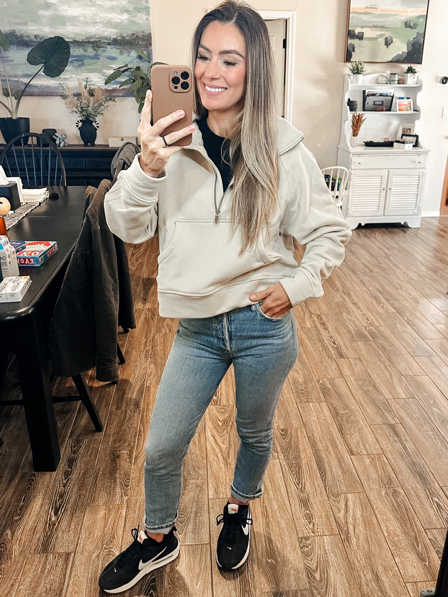 Size large 1/2 zip lulu dupe - sized up two sizes

Jeans sized down 1 size

Shoes tts

#LTKunder100 #LTKunder50 #LTKfit