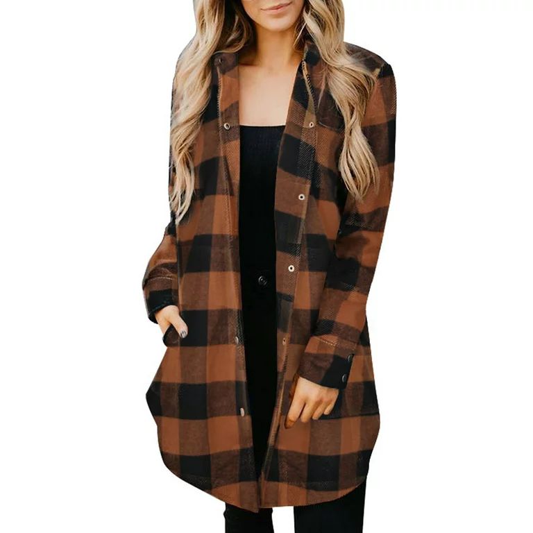 Aleumdr Shacket Coat for Women Button Down Shirts Plaid Lightweight Long Jacket Coat Brown XL - W... | Walmart (US)