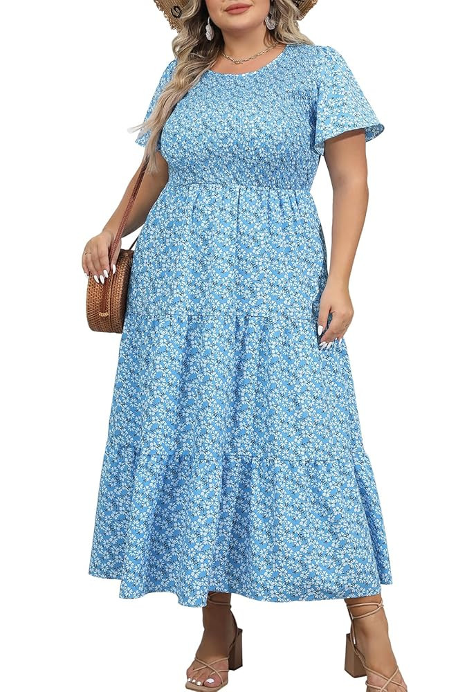 Womens Plus Size Long Maxi Dress with Pockets Floral Smocking Flutter Sleeves Tiered Layers Casua... | Amazon (US)