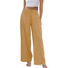 Duyang Womens Cotton Linen Palazzo Pants Drawstring Elastic Waist Casual Wide Leg Trousers with P... | Amazon (US)