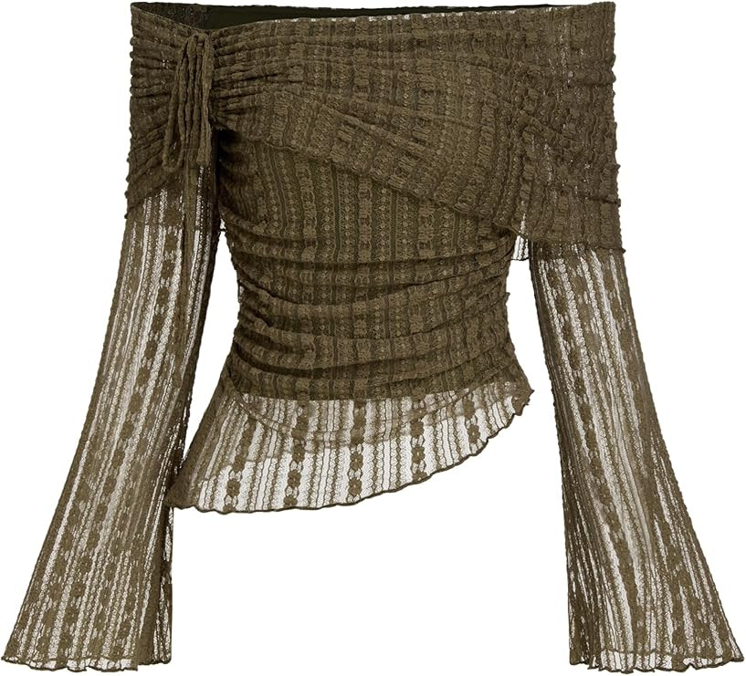 CIDER Long Sleeve Tops for Women Lace Off Shoulder Top Asymmetrical Hem Slim Fit Blouse Going Out... | Amazon (US)