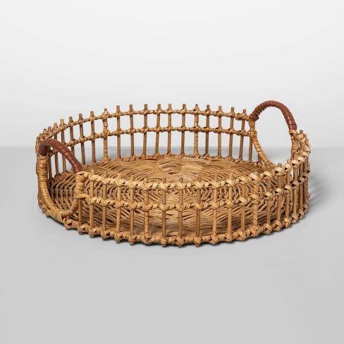 15" x 4.5" Round Rattan Tray with Leather Handles Natural - Opalhouse™ | Target