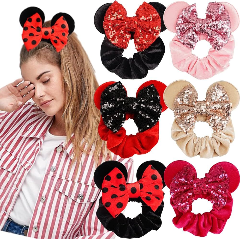6 Pack Mouse Ears Scrunchies Velvet Sequin Bows Hair Scrunchies Hair Ties Elastic Rubber Bands Po... | Amazon (US)