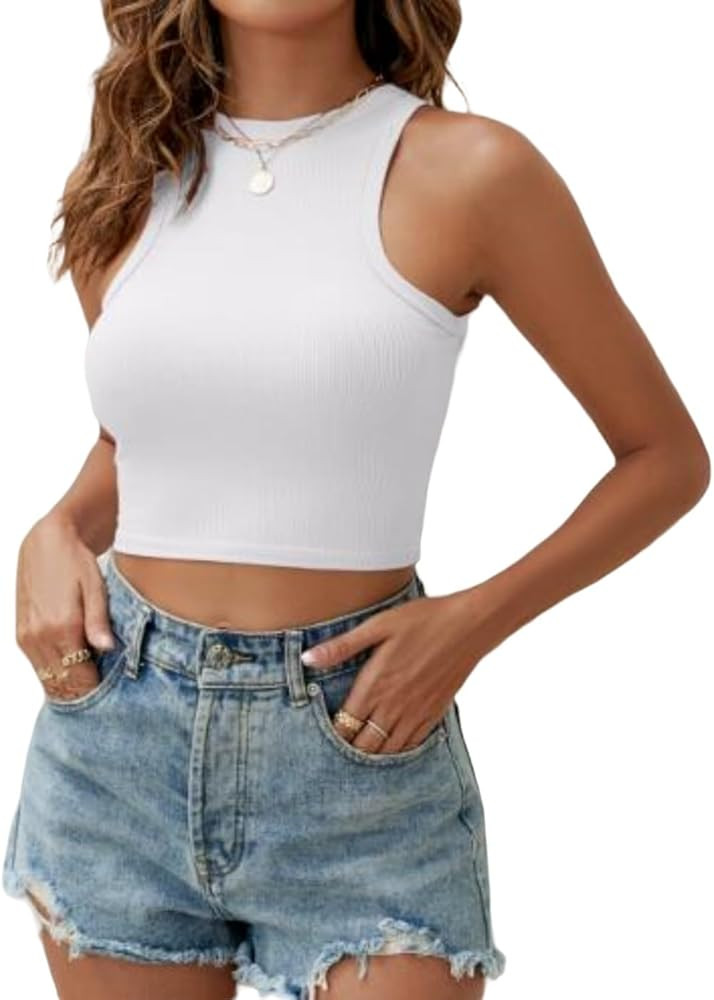 CIUCIMIA Womens Crew Neck Crop Tops Basic Sleeveless Tank Top Solid Rib-Knit Cami Yoga Crop Tanks | Amazon (US)
