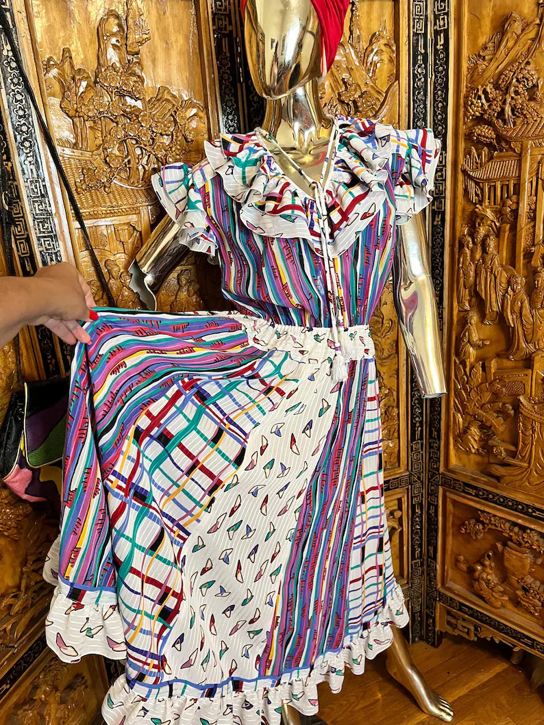 Vintage 1980s rainbow Diane Freis Ruffled Dress | Etsy (Global)