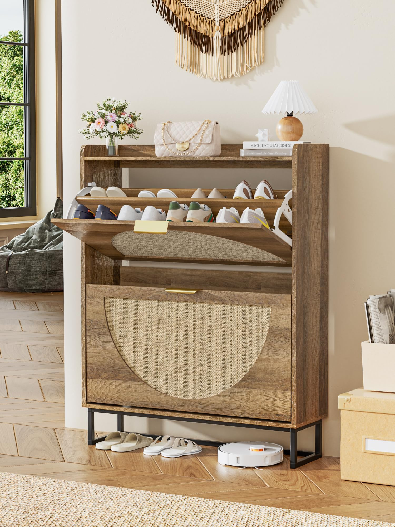 FiveWillowise Rattan Shoe Storage Cabinet with 2 Flip Drawers, Wooden Shoe Organiser with Adjusta... | Amazon (UK)