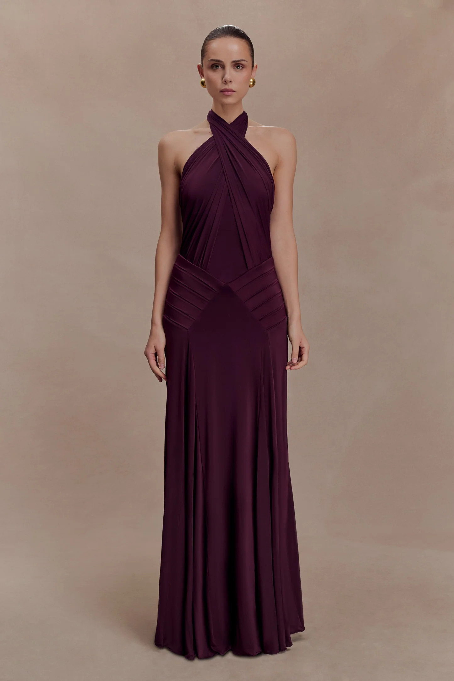 Gathered Slinky Halter Maxi Dress - Mahogany | MESHKI US