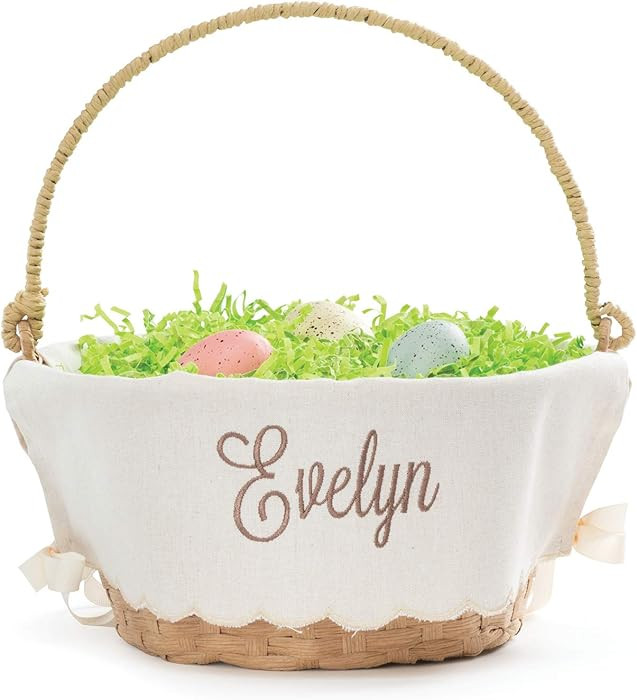 Personalized Easter Egg Basket with Handle and Custom Name in Brown Script | Scallop Edge Linen E... | Amazon (US)