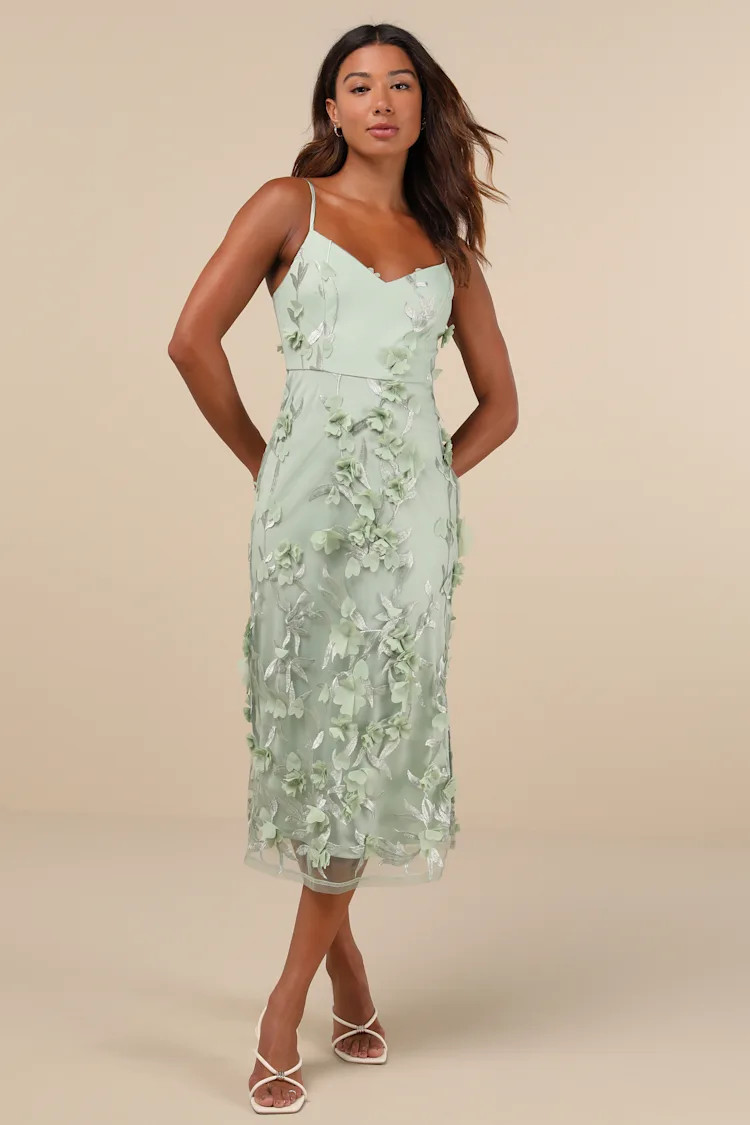Limitless Adoration Sage Green 3D Floral Embroidered Midi Dress | Lulus